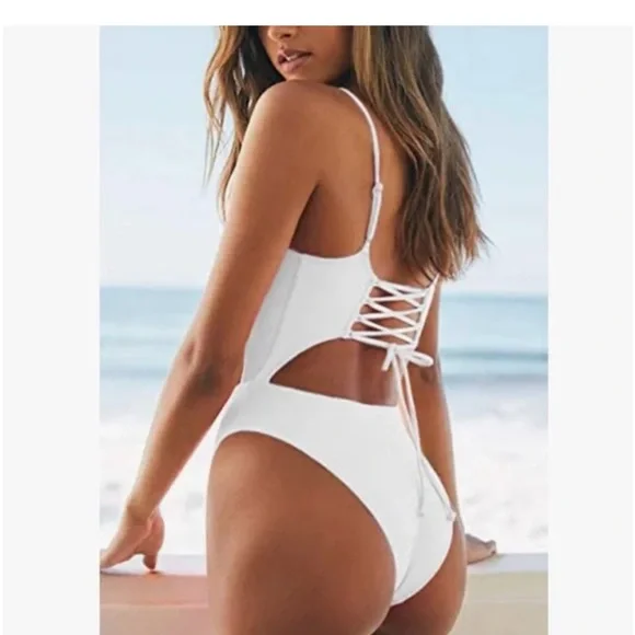 Meyeeka Women’s Scoop Neck Cut Out Front Lace Up Back High Cut Monokini - Picture 2 of 6